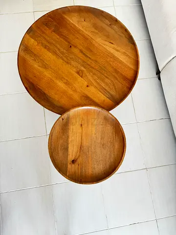 Set of 2 Low Round Wooden & Brass Coffee Tables
