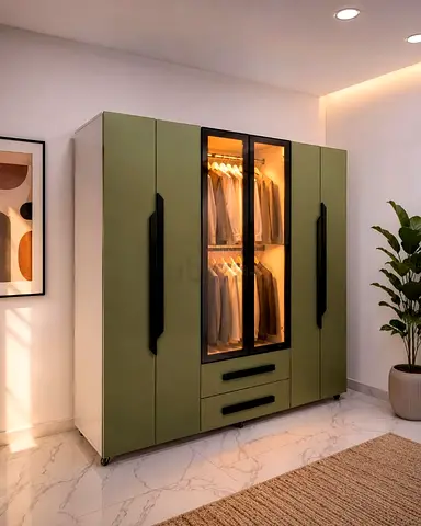 Green 5-Door Wardrobe with Glass Center Display and Drawers
