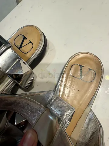 Original Silver Valentino Rockstud Leather Slide Sandals - Size Unknown, Lightly Used