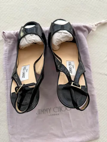 Jimmy Choo Black Patent Leather Peep-Toe Heels, Size 38 (EU)