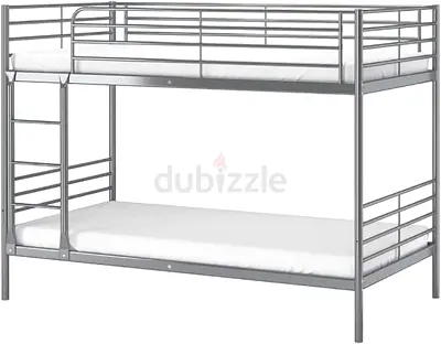 Silver Metal Bunk Bed Frame with Guard Rails and Ladder - Good Condition