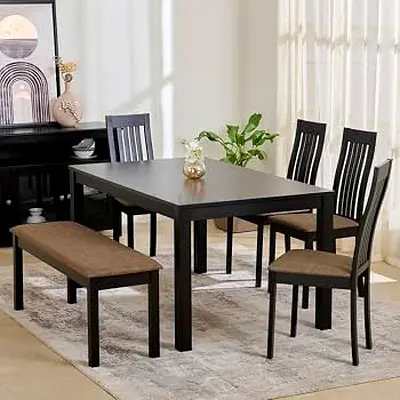 Wooden 6-Piece Dining Set (Table, 4 Chairs + Bench) - Dark Finish