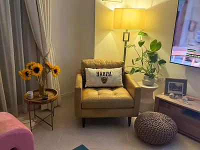 Crate and barrel mid century modern tan leather armchair - just had it professionally cleaned Chair