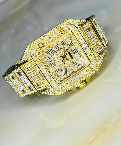 Gold-tone Fully Iced Square Watch with Roman Numerals