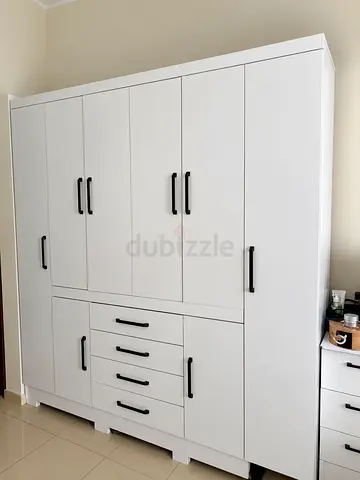 White 6-Door Wardrobe with Drawers and Black Handles