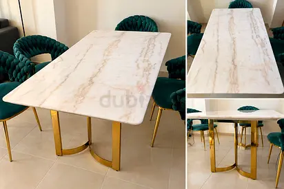 Real Marble-top Dining Table with Gold Metal Base - Seats 6