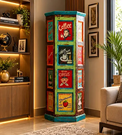 Vintage Tall Painted Wooden Cabinet with Retro Coffee Panels
