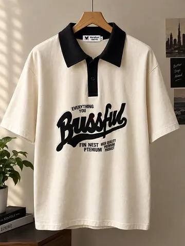 Casual Polo Tee with Contrasting Collar and Graphic Print - Size L