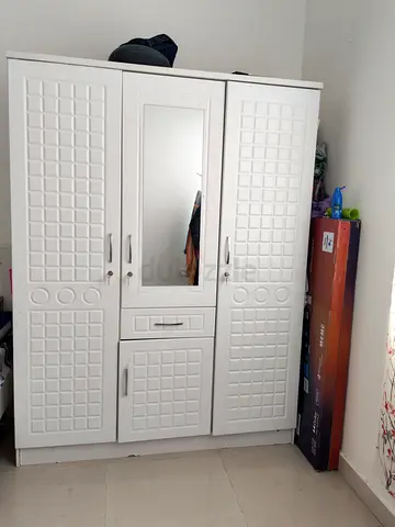 White 3-Door Wardrobe with Mirror and Drawer — Good Condition