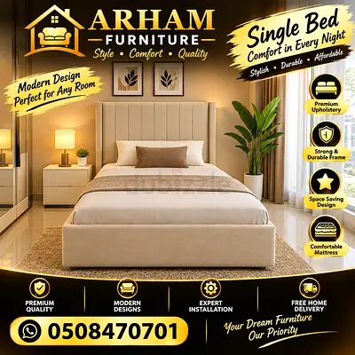 Single Bed with Upholstered Headboard - Modern, Space-Saving Design