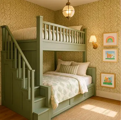 Wooden Green Bunk Bed with Stairs and Storage