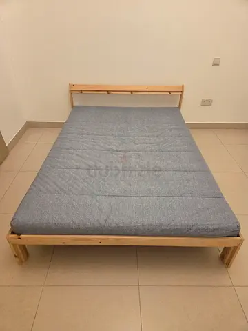 IKEA "NEIDEN" Bed with Wooden Frame & Grey Mattress