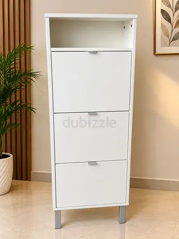 Modern White 3-Tier Shoe Cabinet with Open Shelf