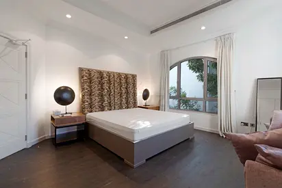 Queen bed frame with mattress and bedside tables - modern bedroom set