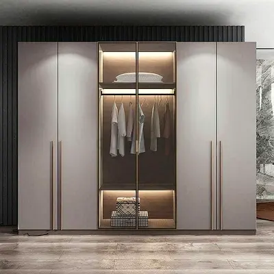 Modern 6-Door Wardrobe with Glass Display and LED Lighting