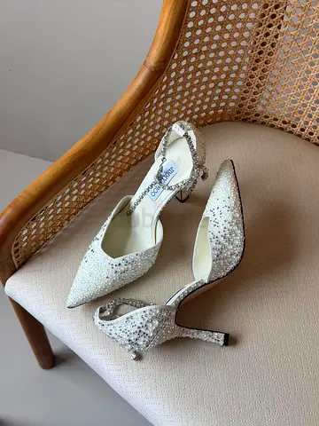 White crystal-embellished pointed slingback heels (size ?)