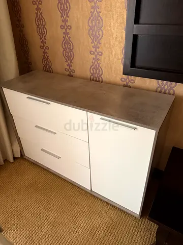 Low white and grey storage cabinet - 3 drawers, 2 doors (very good condition)