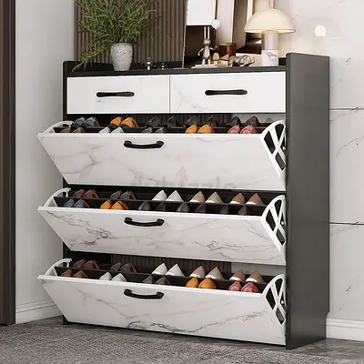 3-Tier Marble Finish Shoe Cabinet with Top Drawers