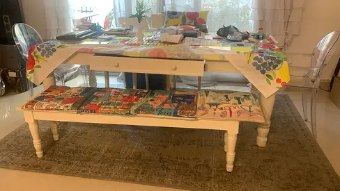 Pottery barn dining table +bench and 4 ghost chairs
