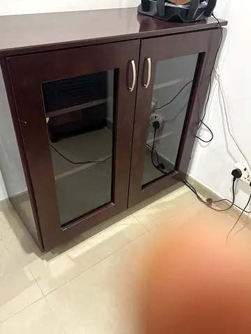 Dark wood TV stand / cabinet with glass doors - good condition