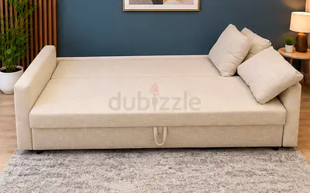 Pull-out Sofa Bed in Beige Fabric with Matching Pillows