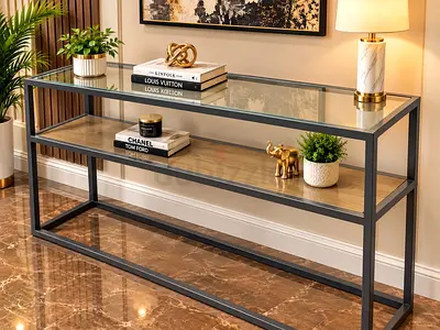 Crate and barrel Slim Modern Console Table with Glass Top and Shelving