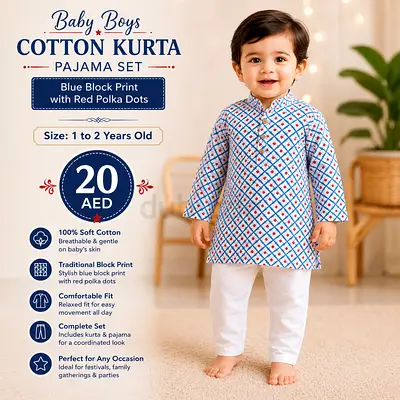 Baby Boys Cotton Kurta Pajama Set - Size 1-2 Years