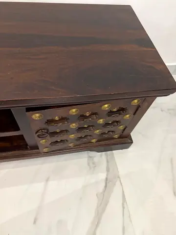 Wood teatable and TV stand with antique copper inlay details