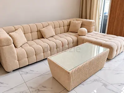 Modern Beige L-Shaped Tufted Sofa with Matching Coffee Table