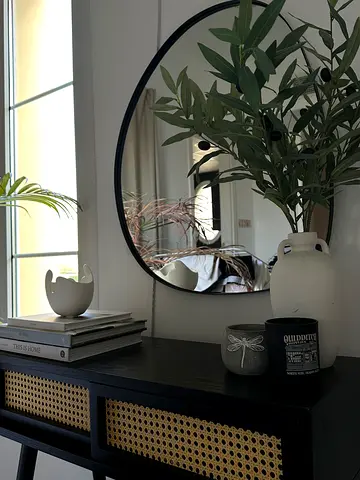 Modern Black Rattan Nightstand with chair