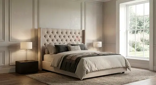 Upholstered Bed with Tufted Headboard and Neutral Bedding