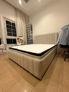 Beige Upholstered King Bed Frame with Headboard - Good Condition