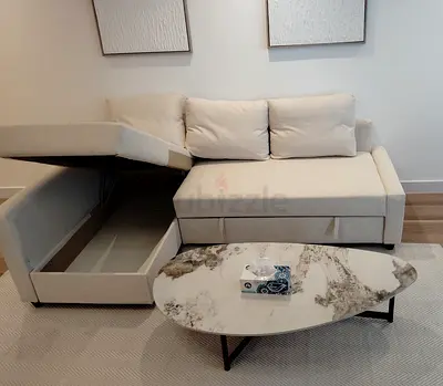 Beige L-shaped Storage Sofa with Ottoman - Good Condition