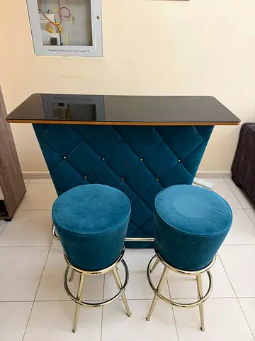 Blue velvet bar stools with matching tufted bar front - set of 2 with storage behind