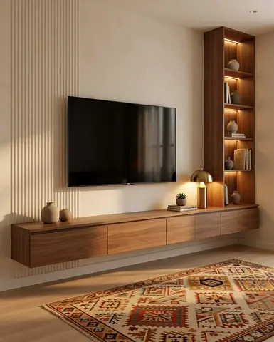 Wall-mounted TV Console with Tall Shelving Unit - Walnut Finish