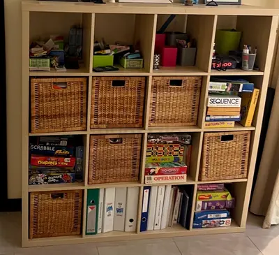 IKEA Kallax-style 4x4 Shelf Unit with Rattan Baskets - Beige