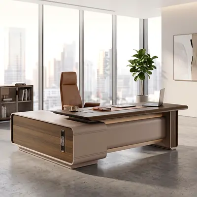 Luxury Office Executive Desk - Walnut & Beige Modern Office Table with Smart LED Strip