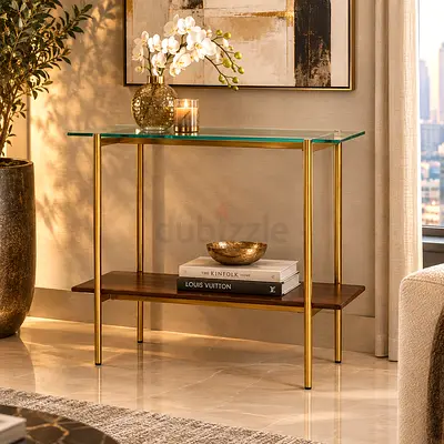 West Elm Glass Top Console Table with Gold Frame and Wooden Shelf