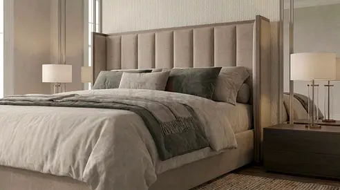 Upholstered Bed with Tall Padded Headboard - Neutral Beige