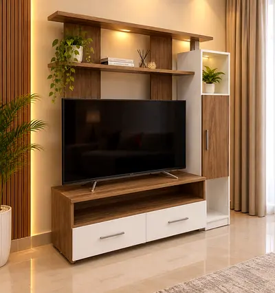 Wooden TV Entertainment Unit with Storage Shelves and Cabinet