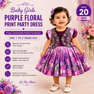 Purple Floral Print Party Dress for Baby Girls (1-2 yrs)