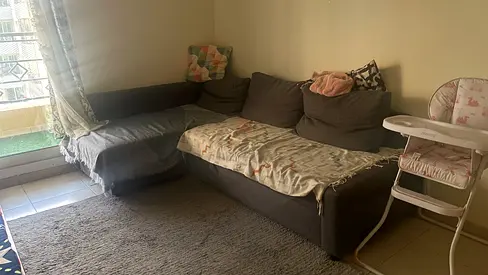 L-shaped grey fabric sofa with chaise, good used condition from Ikea