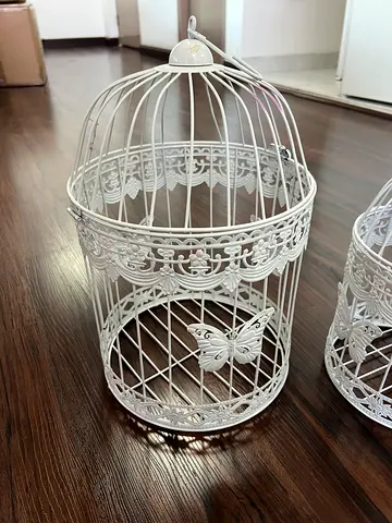White decorative metal birdcage (set) — vintage-style home decor