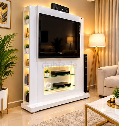 White Modern Entertainment TV Unit with Built-in Shelves