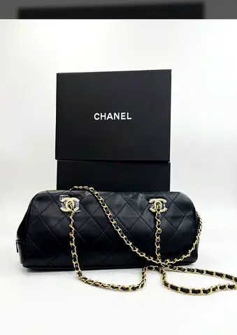 Chanel Quilted Barrel Shoulder Bag with Chain — Black Lambskin
