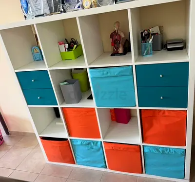 IKEA Kallax-style 16-cube Shelf Unit with Drawers and Fabric Bins