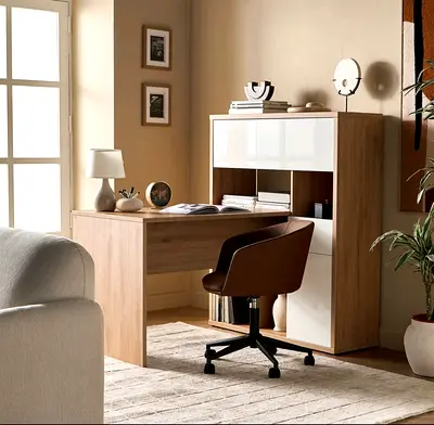 Compact wooden study desk with storage hutch – light oak finish