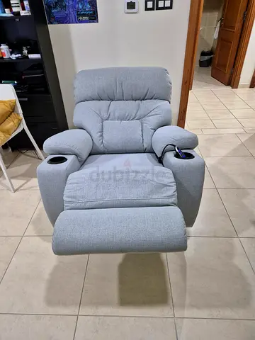 Light grey fabric single recliner chair with cup holders