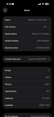 iPhone 17 Pro Max 512GB - Orange TDRA with 100% Battery Health and 100 Battery Cycle