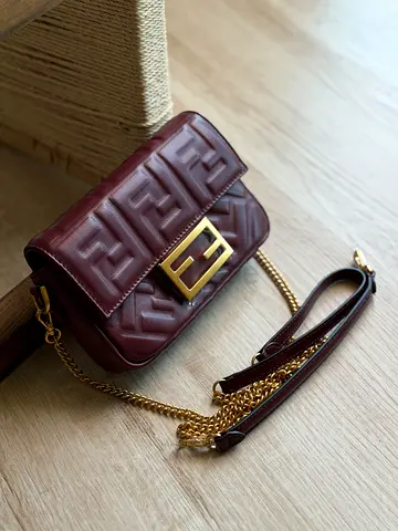 Maroon Quilted Leather Shoulder Bag with Gold Chain Strap